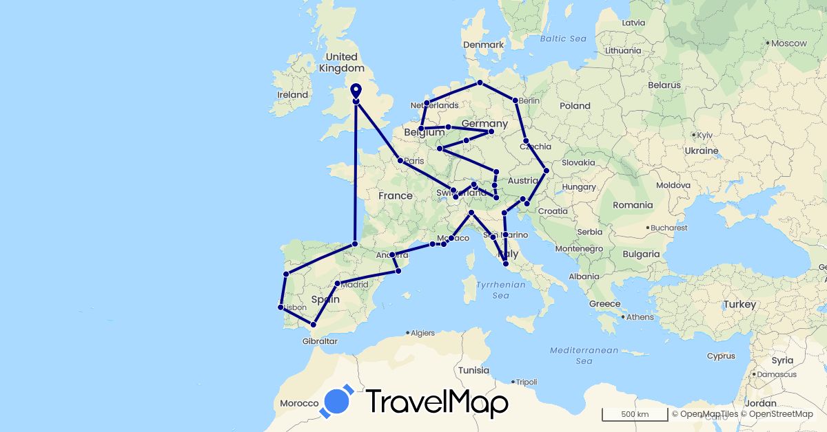 TravelMap itinerary: driving in Andorra, Austria, Belgium, Switzerland, Czech Republic, Germany, Spain, France, United Kingdom, Italy, Liechtenstein, Luxembourg, Netherlands, Portugal, Slovenia, San Marino (Europe)